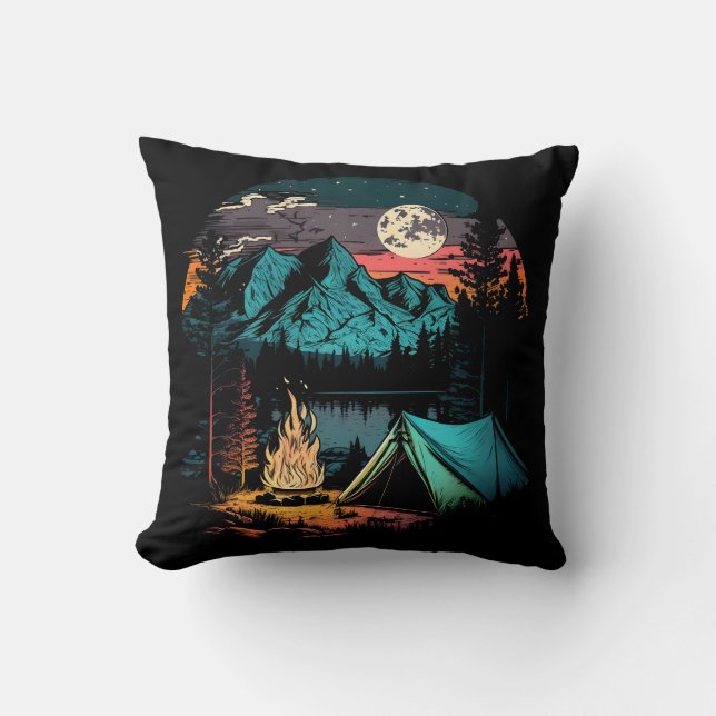 Night Camping Adventure Throw Pillow (Front)