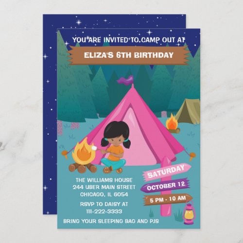 Night Camping Birthday Party African American Girl Invitation