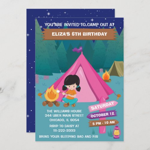 Night Camping Birthday Party Black Hair Girl Invit Invitation