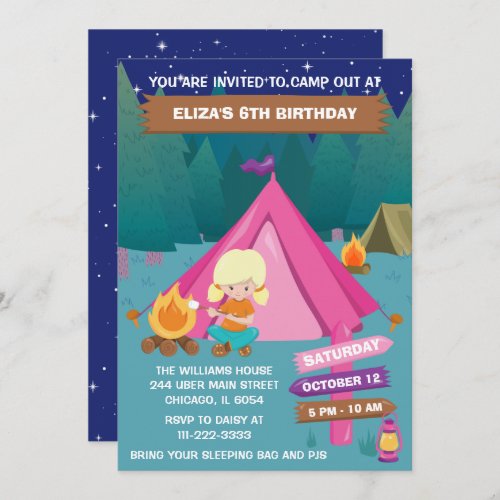 Night Camping Birthday Party Blonde Hair Girl Invi Invitation