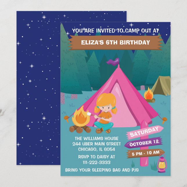 Night Camping Birthday Party Red Hair Girl Invitat Invitation (Front/Back)