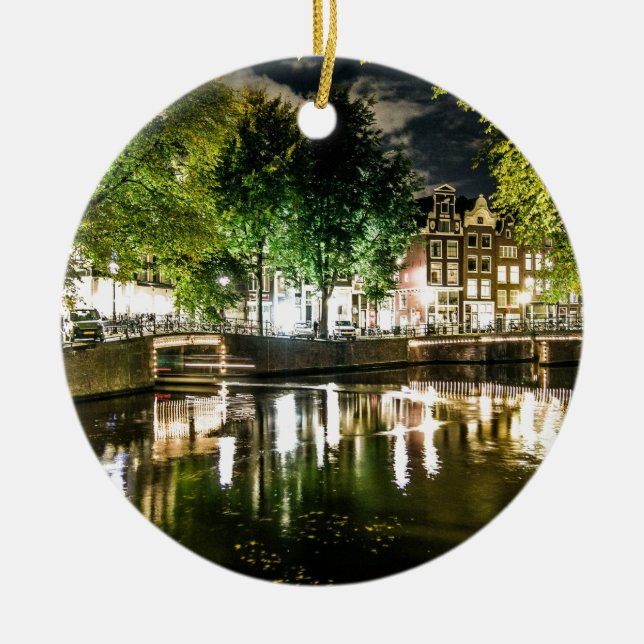 night canal in Amsterdam, Netherlands Ceramic Ornament (Front)