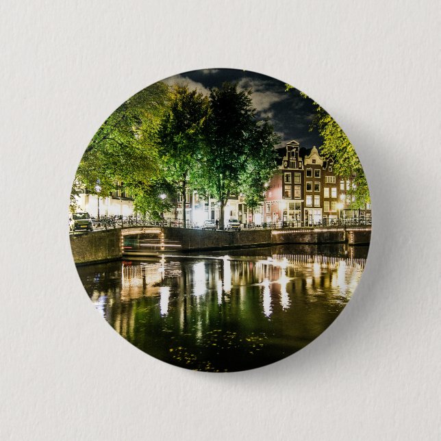 night canal in Amsterdam, Netherlands Pinback Button (Front)