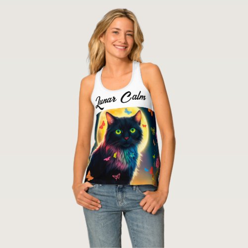 Night cat pet butterfly moon bright nature fly tank top