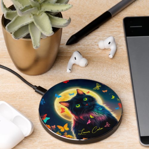 Night cat pet butterfly moon bright nature fly  wireless charger 