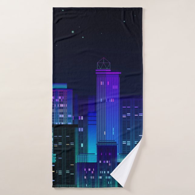 Night city panorama with neon glow on dark backgro bath towel (Bath Towel)