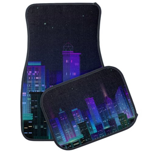 Night city panorama with neon glow on dark backgro car floor mat