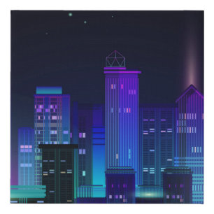 Night city panorama with neon glow on dark backgro faux canvas print