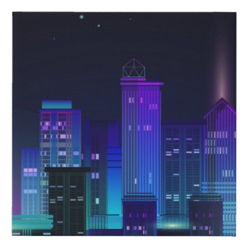 Night city panorama with neon glow on dark backgro faux canvas print