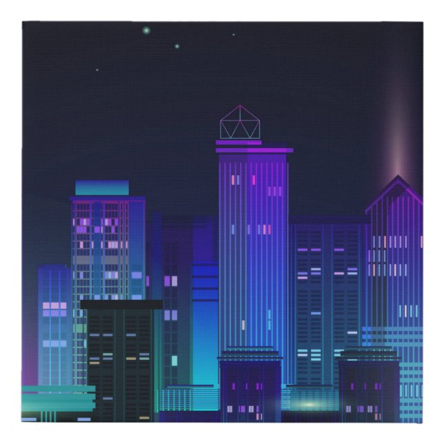 Night city panorama with neon glow on dark backgro faux canvas print (Front)