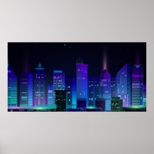 Night city panorama with neon glow on dark backgro poster