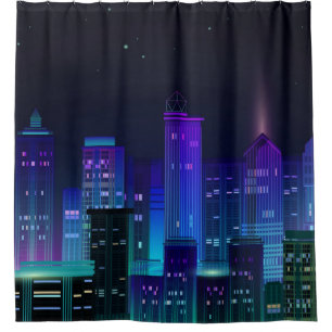 Night city panorama with neon glow on dark backgro shower curtain