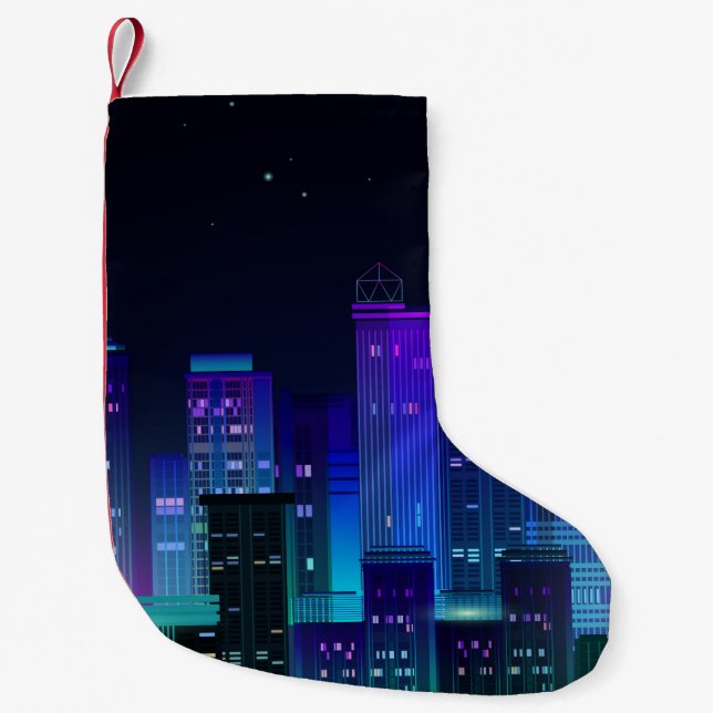 Night city panorama with neon glow on dark backgro small christmas stocking (Front)
