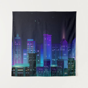 Night city panorama with neon glow on dark backgro tapestry