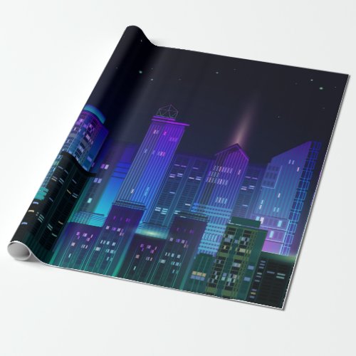 Night city panorama with neon glow on dark backgro wrapping paper
