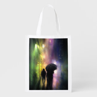 NIGHT CITY RAIN PRINT GROCERY BAG