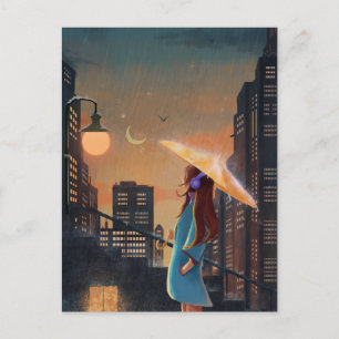 Night city rainy umbrella girl postcard