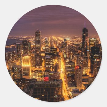Night Cityscape Of Chicago Classic Round Sticker by iconicchicago at Zazzle