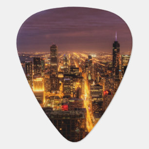 Night cityscape of Chicago Guitar Pick
