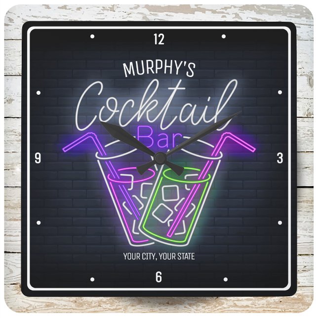 Night Club Faux Neon Personalized Cocktail Bar Square Wall Clock (Creator Uploaded)