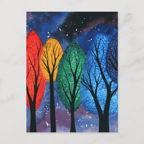 Night colour _ rainbow swirly trees starry sky postcard
