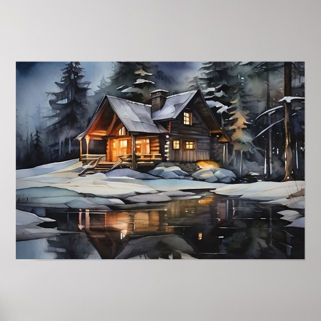 Night Cozy Winter Cabin Poster (Front)