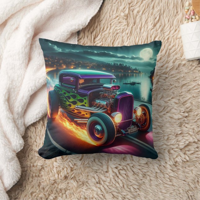 Night cruising in a classic hot rod throw pillow (Blanket)