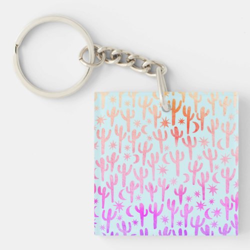 Night Desert Cacti Pink Sunset Watercolor Pattern Keychain