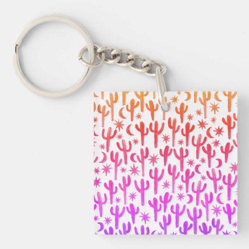 Night Desert Cacti Saguaro Blue Watercolor Pattern Keychain