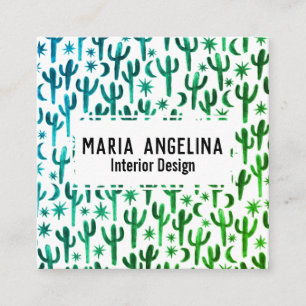 Night Desert Cactus Moon Stars Watercolor Green Square Business Card