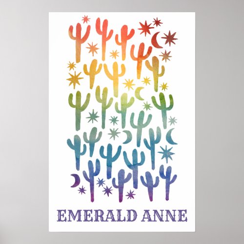 Night Desert Cactus Rainbow Watercolor CUSTOM NAME Poster