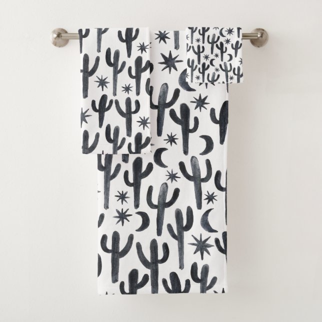 Night Desert Cactus Watercolor Pattern Indigo Bath Towel Set (Insitu)