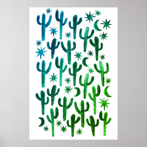 Night Desert Fun Cactus Green Pattern Watercolor Poster