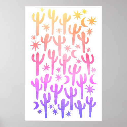 Night Desert Fun Cactus Pastel Pattern Watercolor Poster