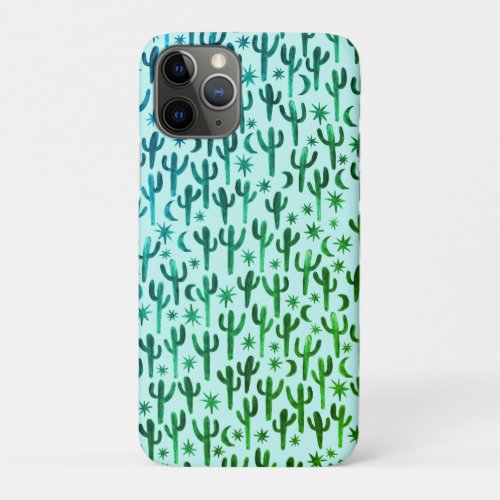 Night Desert Fun Cactus Pattern Green Watercolor iPhone 11 Pro Case