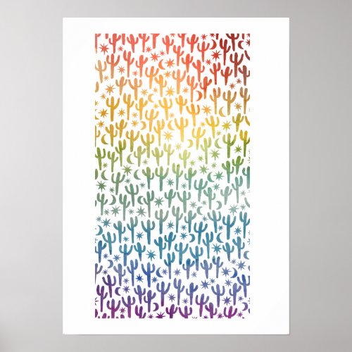 Night Desert Fun Cactus Rainbow Pattern Watercolor Poster