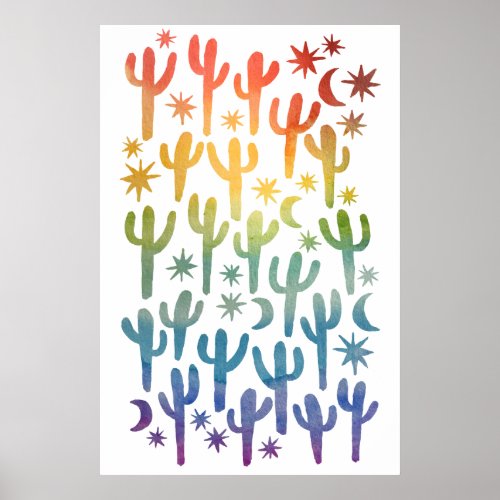 Night Desert Fun Cactus Rainbow Pattern Watercolor Poster