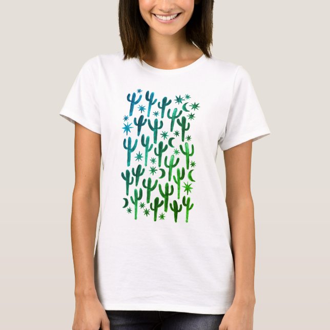 Night Desert Saguaro Cacti Green Watercolor T-Shirt (Front)