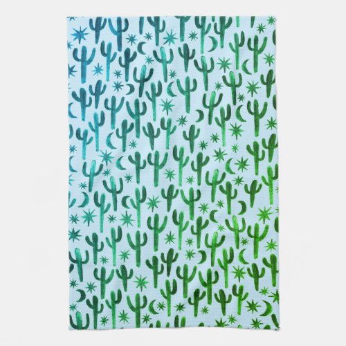 Night Desert Saguaro Cacti Pattern Watercolor Kitchen Towel