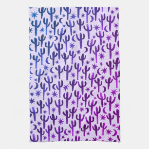 Night Desert Saguaro Cacti Pattern Watercolor Kitchen Towel