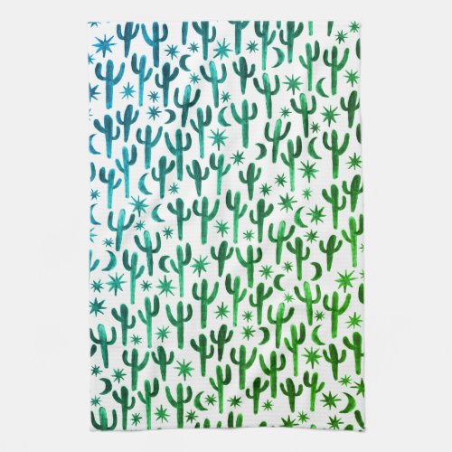 Night Desert Saguaro Cacti Pattern Watercolor Kitchen Towel