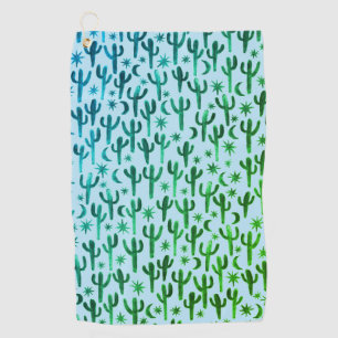 Night Desert Saguaro Cacti Watercolor Ombre Green Golf Towel