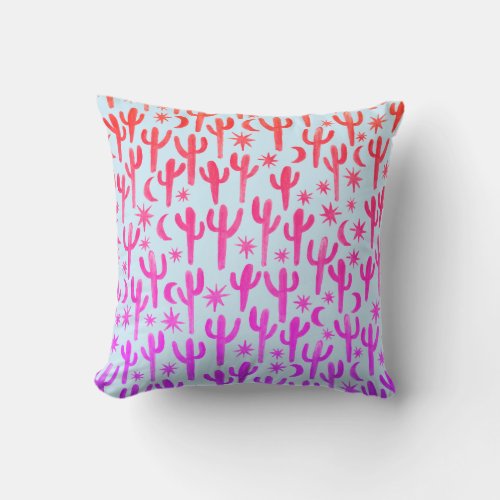 Night Desert Saguaro Cacti Watercolor Pattern Throw Pillow