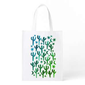 Night Desert Saguaro Cactus Blue Green Watercolor Grocery Bag