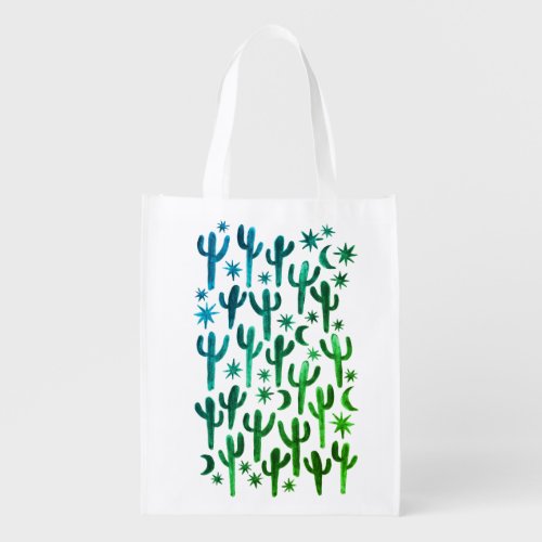 Night Desert Saguaro Cactus Blue Green Watercolor Grocery Bag