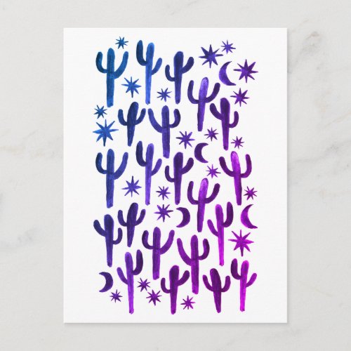 Night Desert Saguaro Cactus Purple Watercolor Postcard