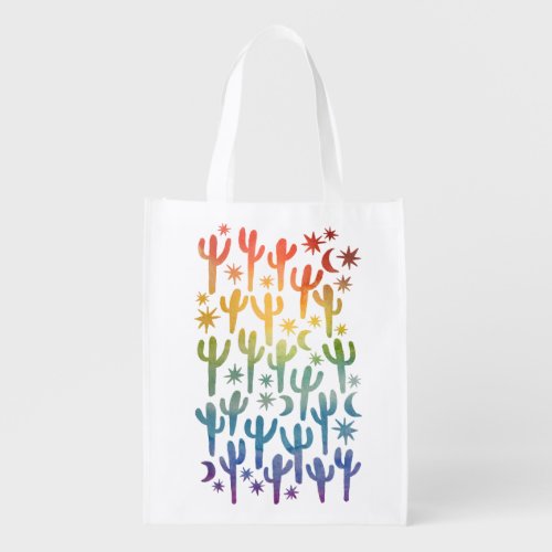 Night Desert Saguaro Cactus Rainbow Watercolor Grocery Bag