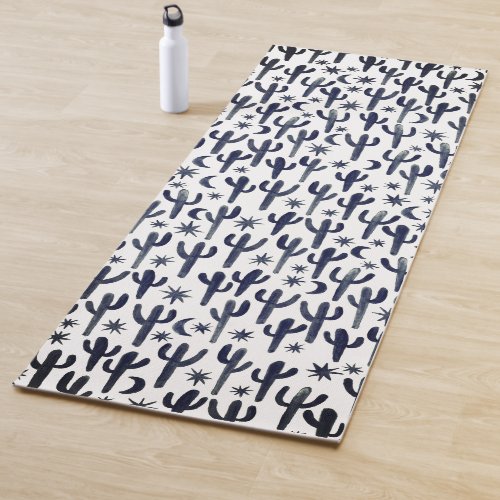 Night Desert Watercolor Saguaro Cacti Pattern Navy Yoga Mat