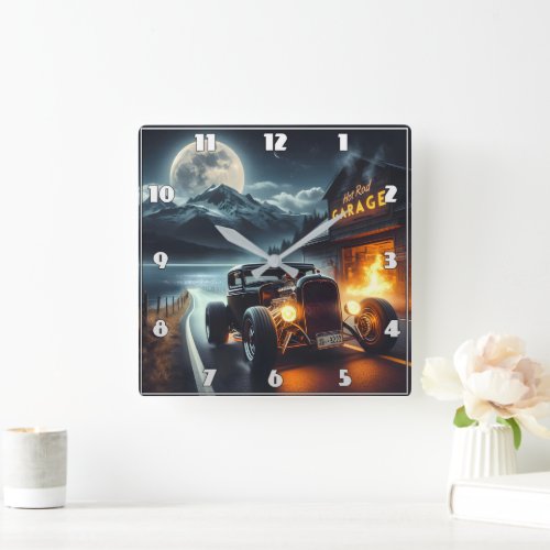 Night drive in a classic hot rod square wall clock