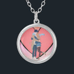 Night Embrace Silver Plated Necklace<br><div class="desc">A minimalist illustration showing two people embracing on a grassy hill under a tranquil night sky. A glowing yellow streetlamp casts warm light over purple flowers and tall grass. Above them, stars sparkle while birds fly across the sky, and a bright shooting star streaks overhead. A bluish tree frames the...</div>